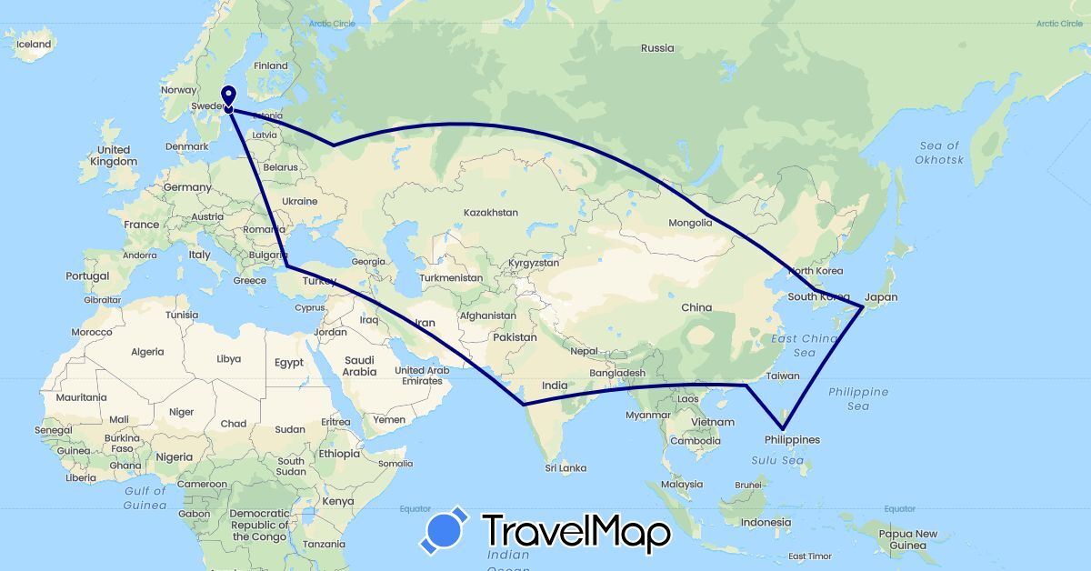 TravelMap itinerary: driving in China, India, Japan, South Korea, Mongolia, Philippines, Russia, Sweden, Turkey (Asia, Europe)